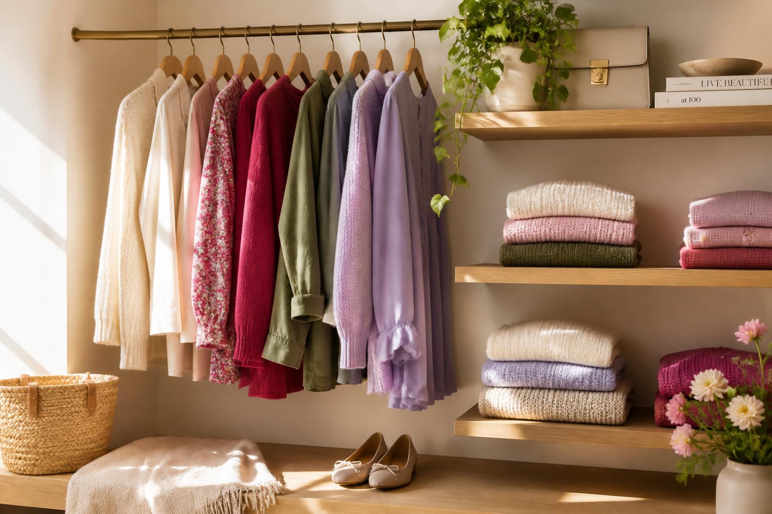 An open closet of neatly arranged clothes in warm, soft tones